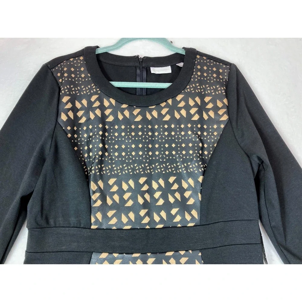 NY&Co Women's SIZE LARGE Black Bodycon Sheath Dress 3/4 Sleeve Stretch Artsy NWT